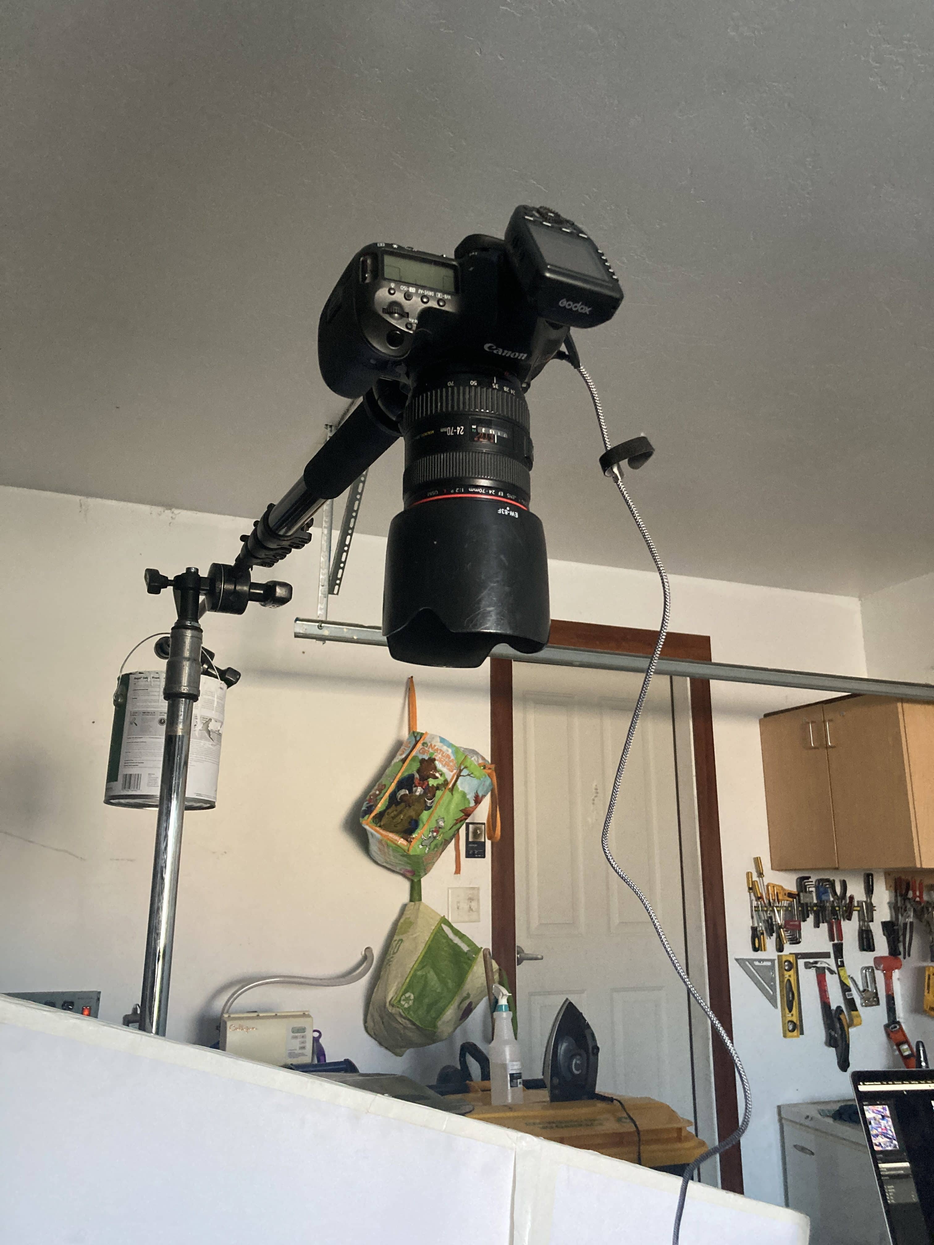 photography studio set up in a garage